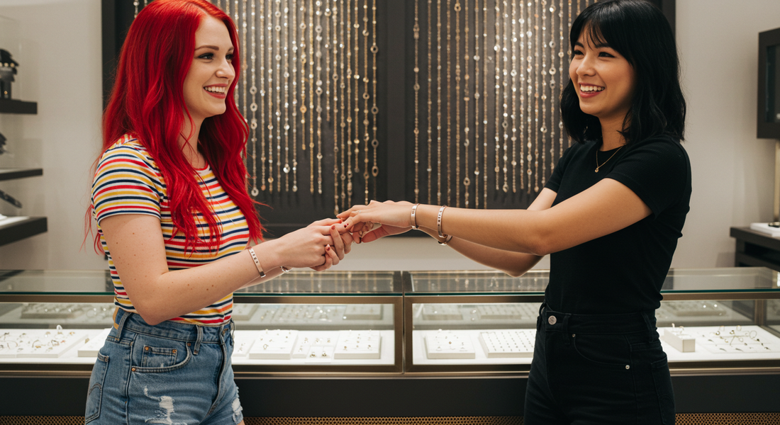Two women smiling and holding hands across a jewelry bar table, both wearing fresh permanent bracelets, cozy boutique background