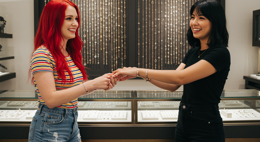 Two women smiling and holding hands across a jewelry bar table, both wearing fresh permanent bracelets, cozy boutique background