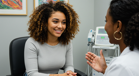 Smiling woman wearing permanent bracelet during a medical consultation in a clinic