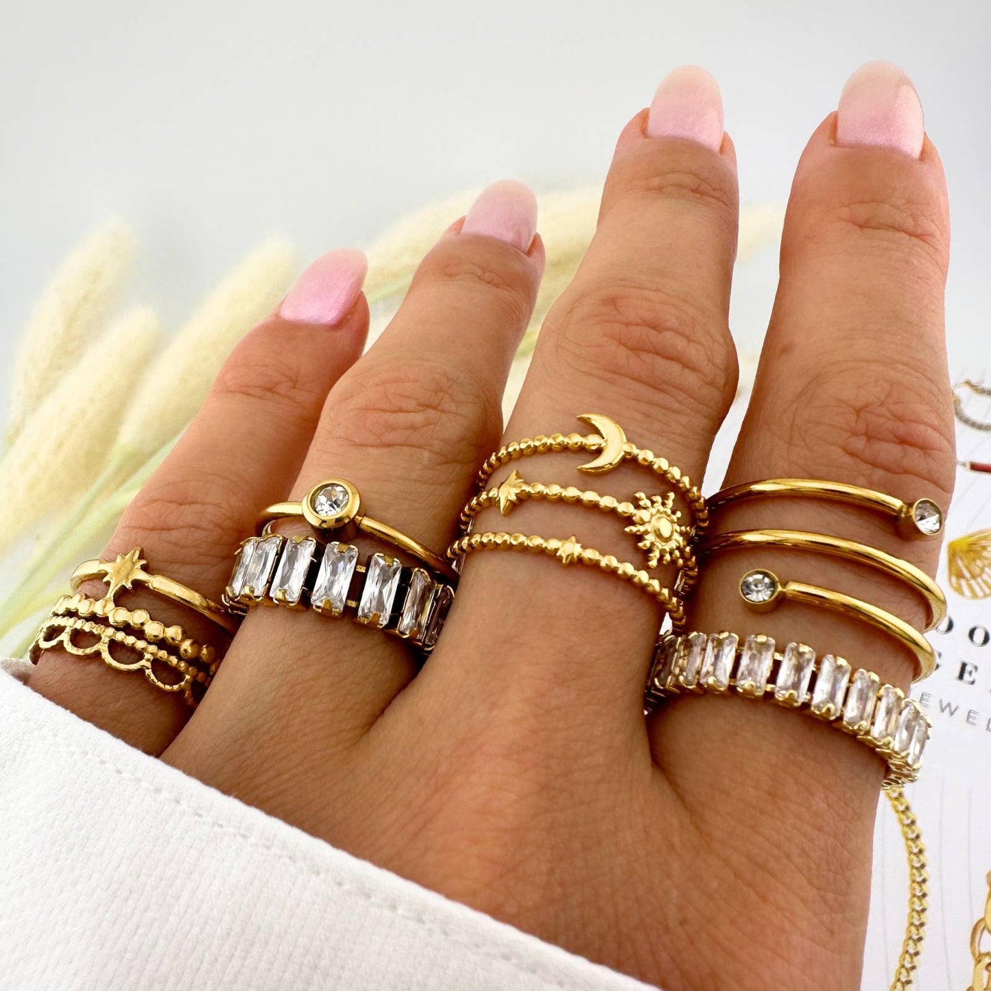 Celestial Spiral Charm Ring – Moon & Star 18K Gold