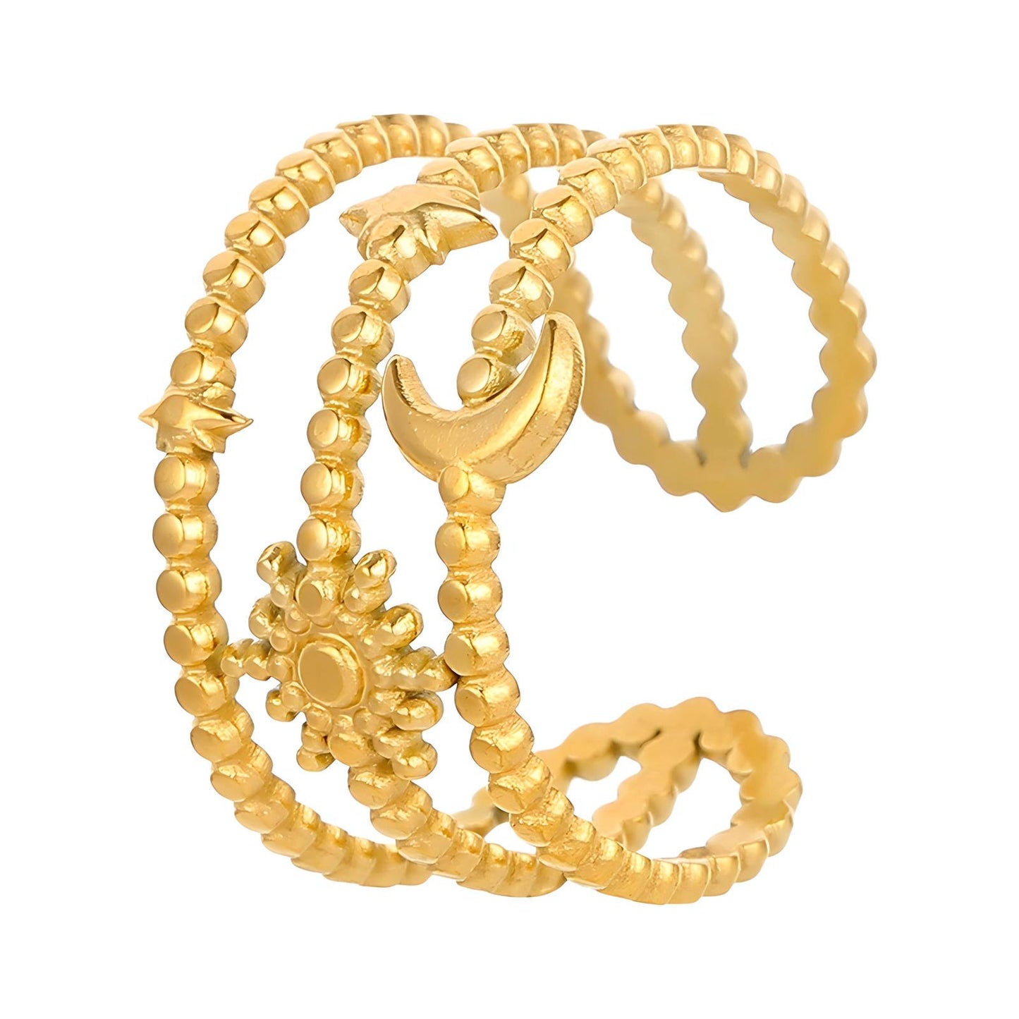 Celestial Spiral Charm Ring – Moon & Star 18K Gold