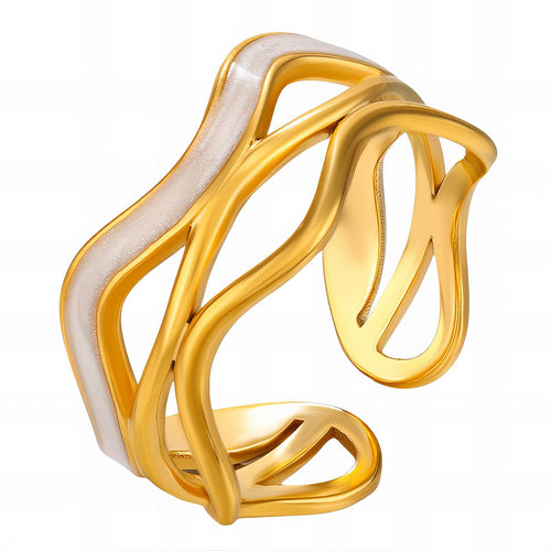 Gilded Wave Enamel Ring – Glossy White & Gold