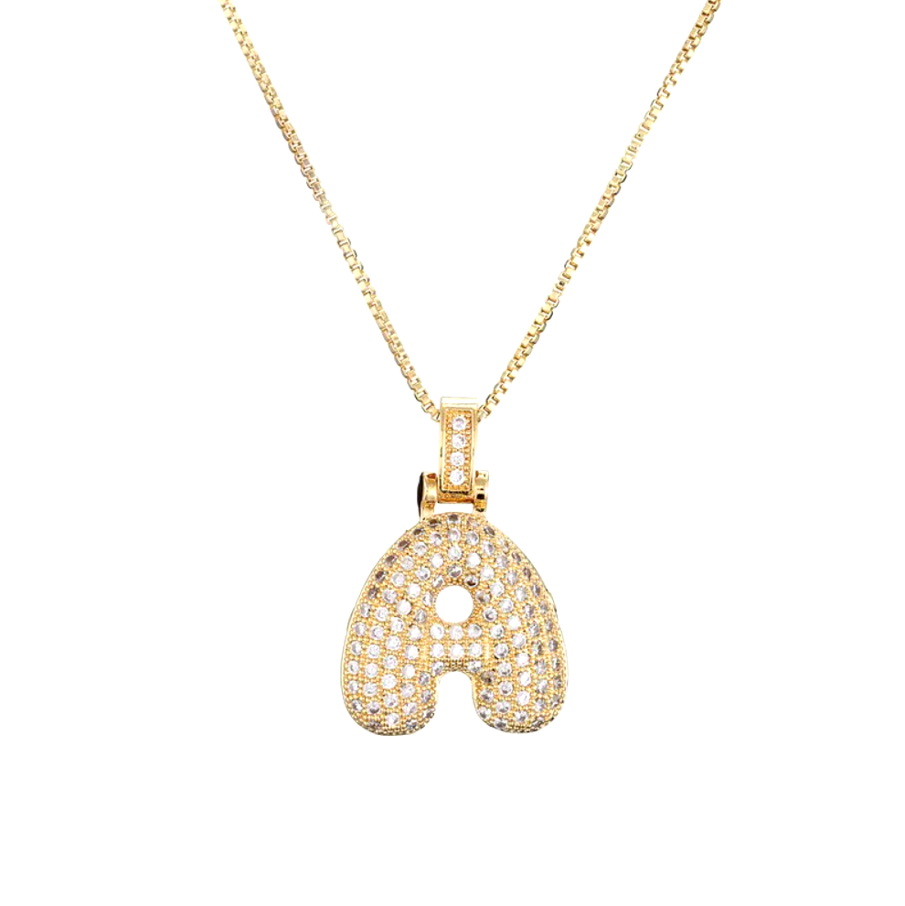 Crystal 3D Bubble Initial Necklace | Cubic Zirconia Letter Pendant | 18" Steel Chain