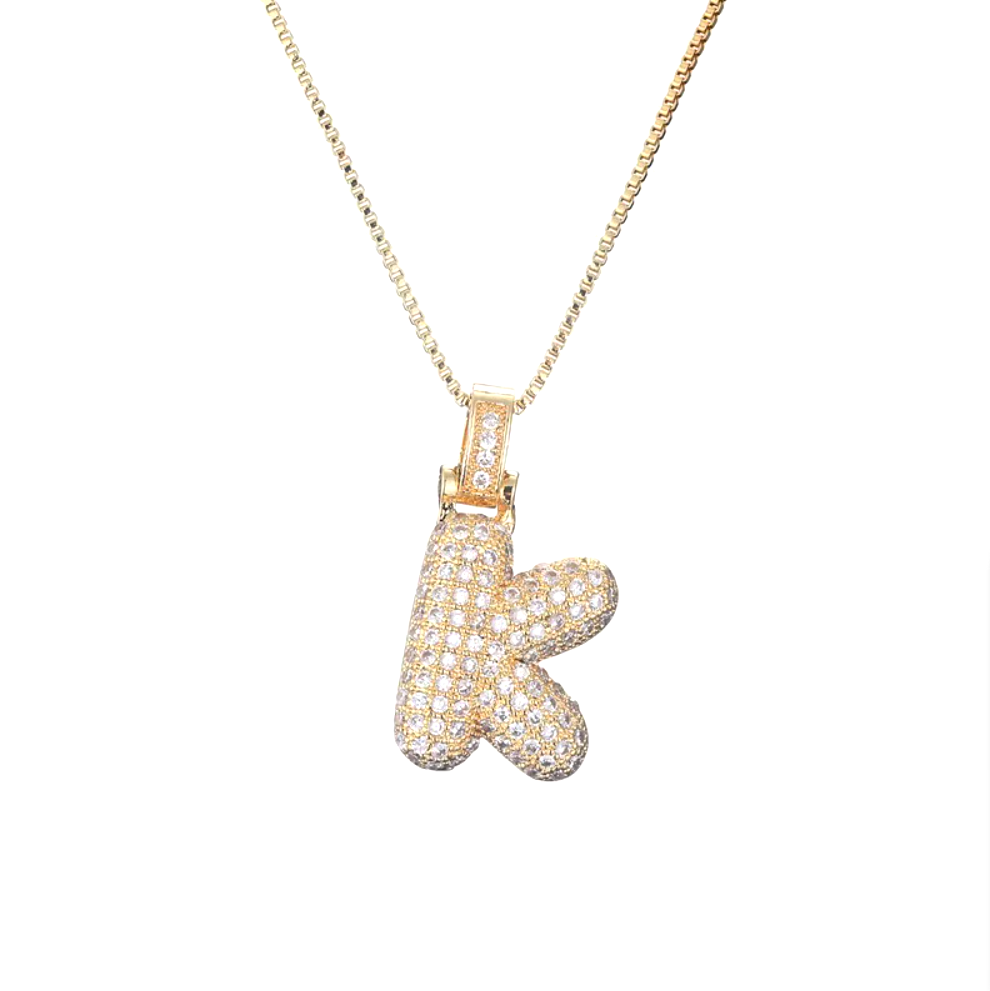 Crystal 3D Bubble Initial Necklace | Cubic Zirconia Letter Pendant | 18" Steel Chain