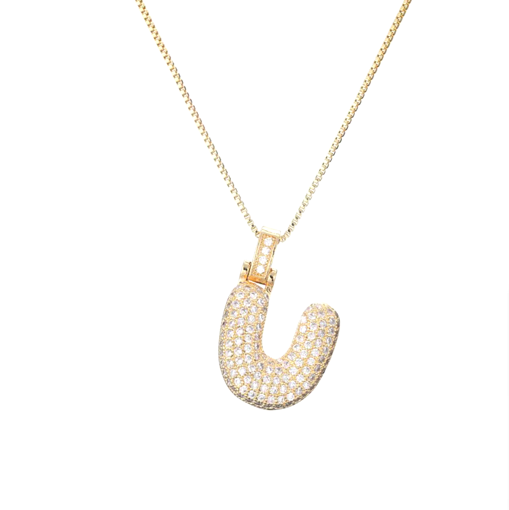 Crystal 3D Bubble Initial Necklace | Cubic Zirconia Letter Pendant | 18" Steel Chain