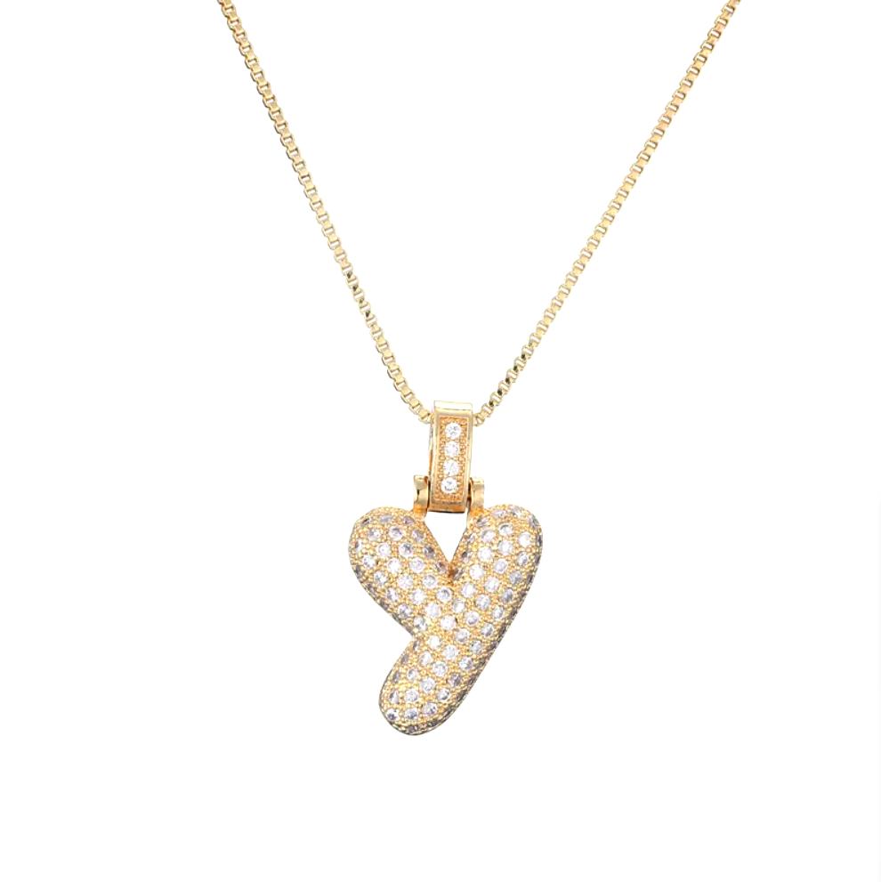 Crystal 3D Bubble Initial Necklace | Cubic Zirconia Letter Pendant | 18" Steel Chain