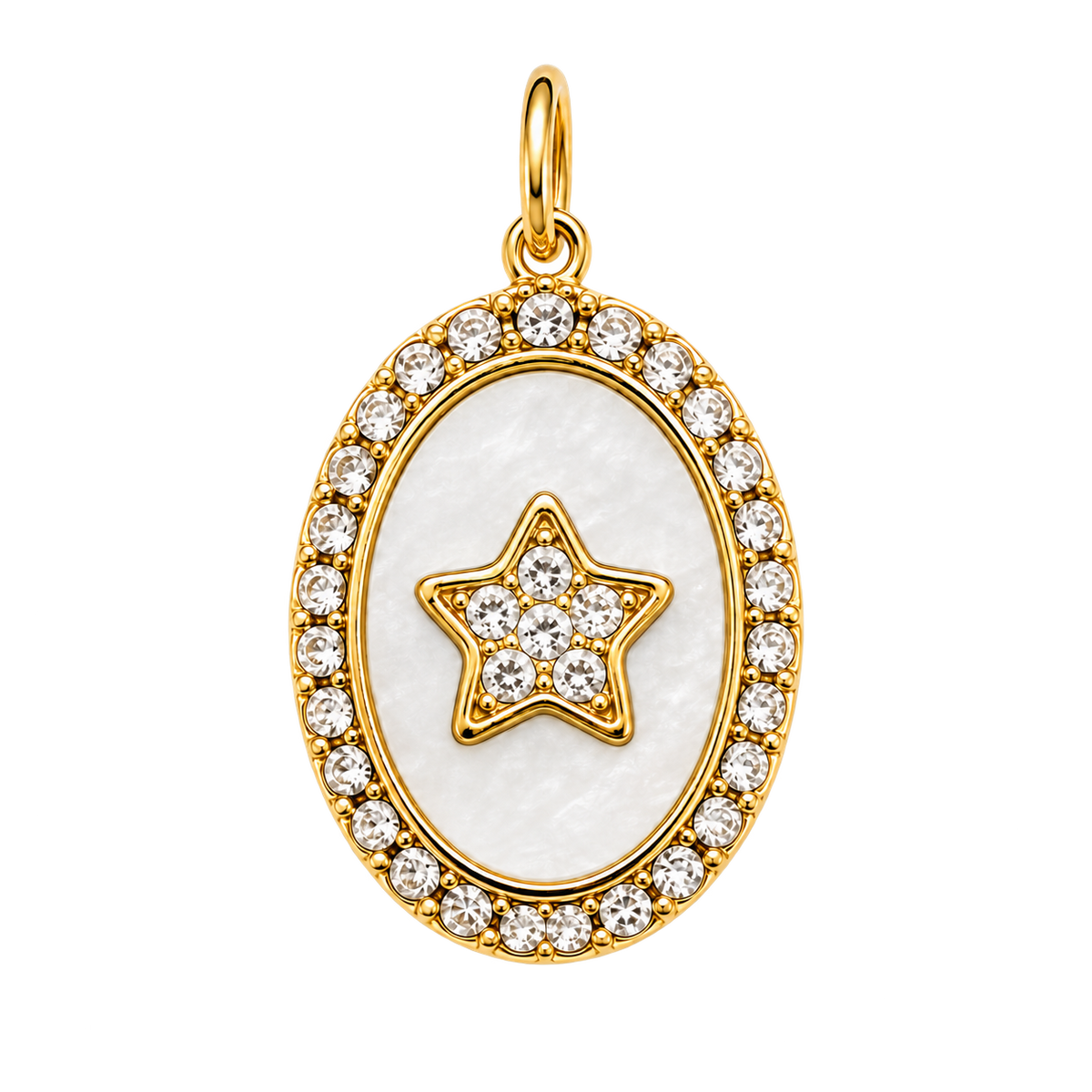 Gold-tone oval charm with pearly center and clear crystal star