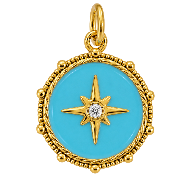 Turquoise enamel starburst charm with gold-tone border and clear center crystal