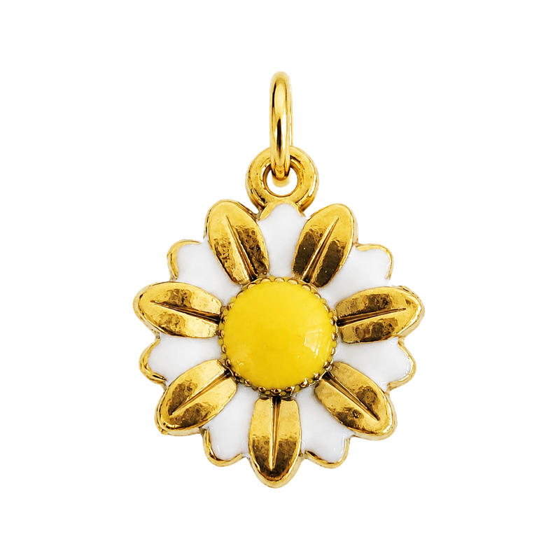 Gold-tone daisy charm with white petals and yellow center