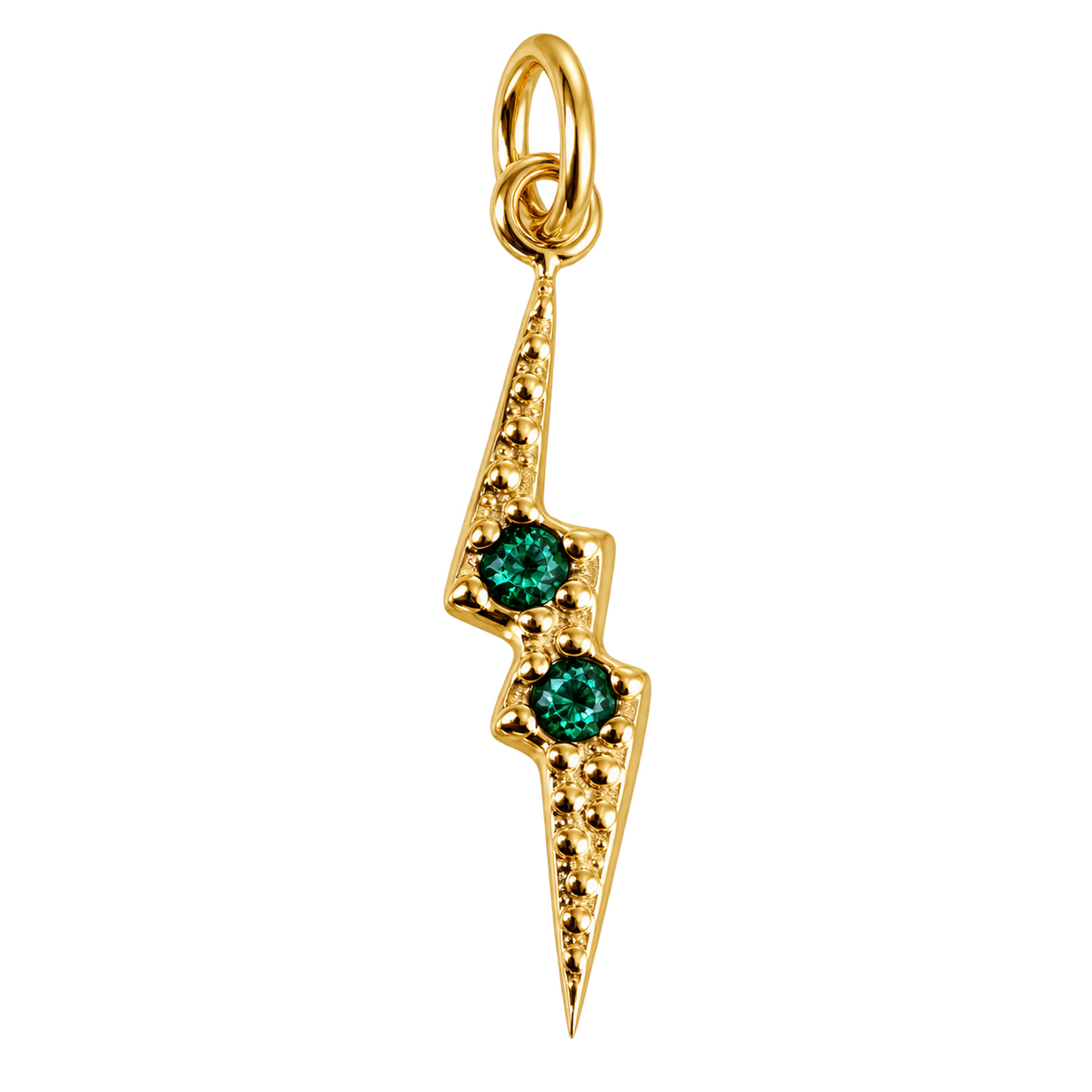 Textured gold-tone lightning bolt charm with two green crystals