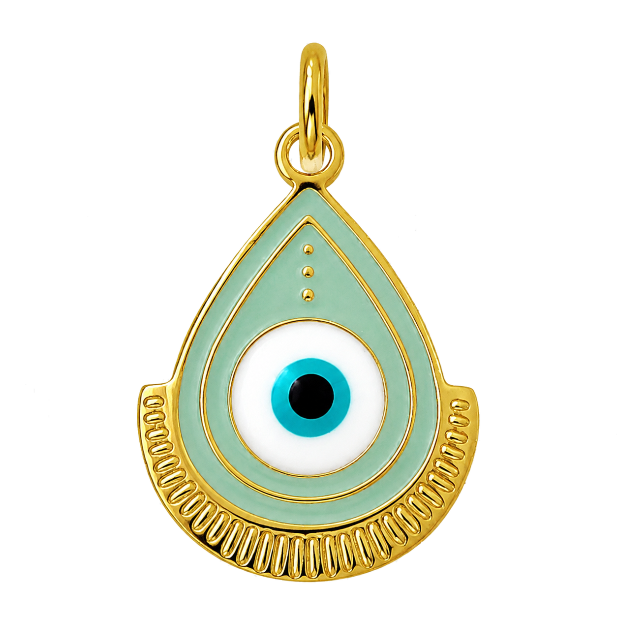 Mint teardrop evil eye charm with gold-tone border