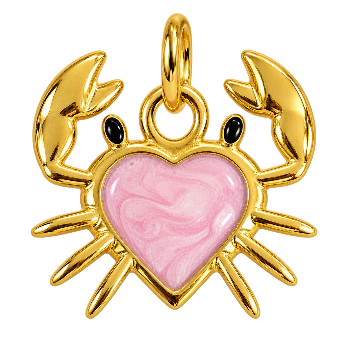 Gold-tone crab charm holding a pink pearlescent heart