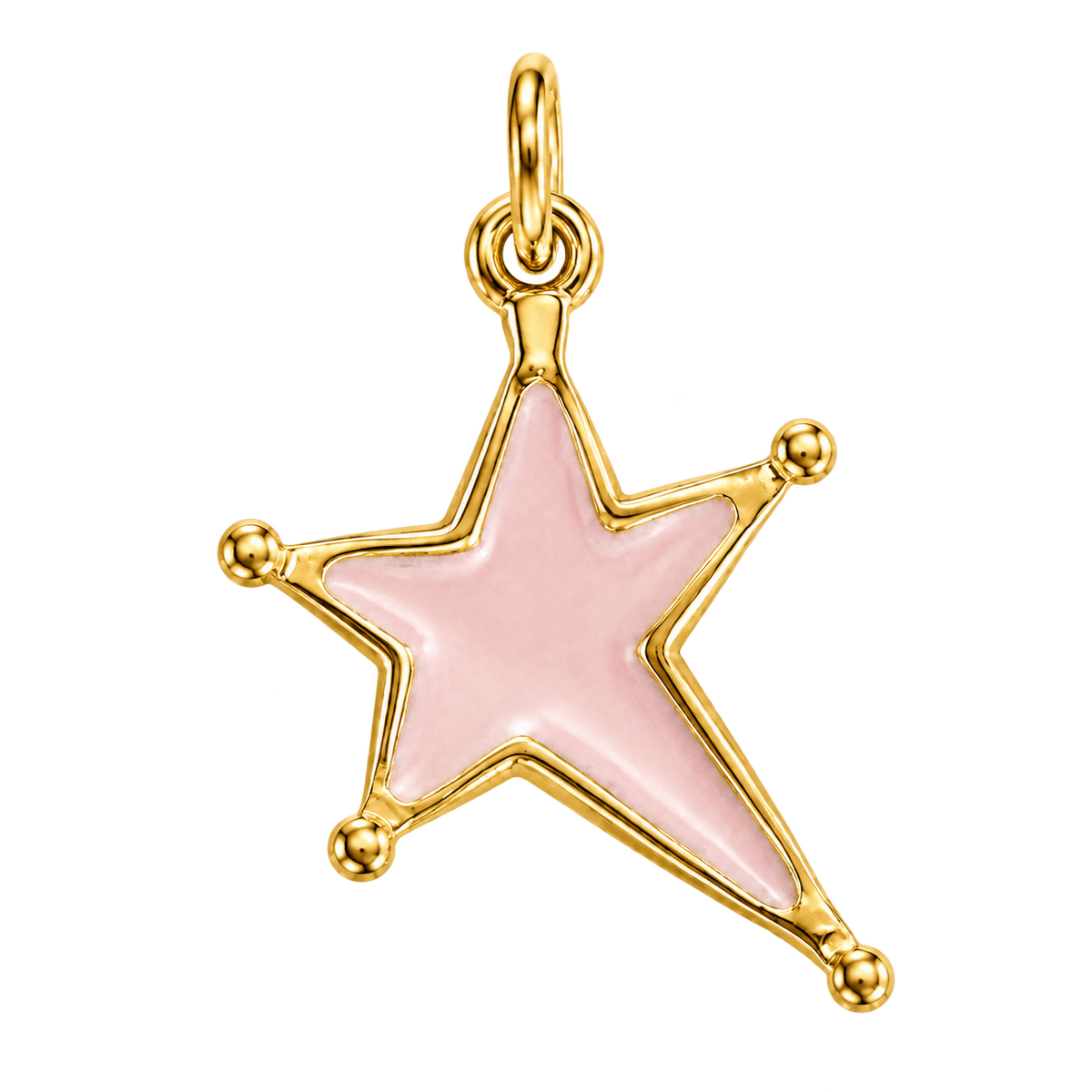 Blush-pink enamel star charm with polished gold-tone border and tip beads
