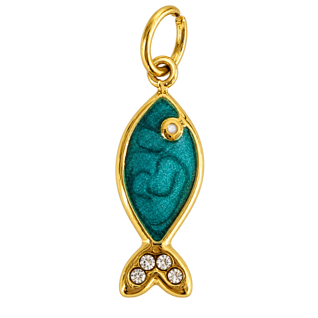 Teal enamel fish charm with four clear tail crystals