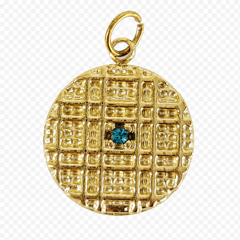 Round gold-tone grid medallion charm with teal-blue center crystal