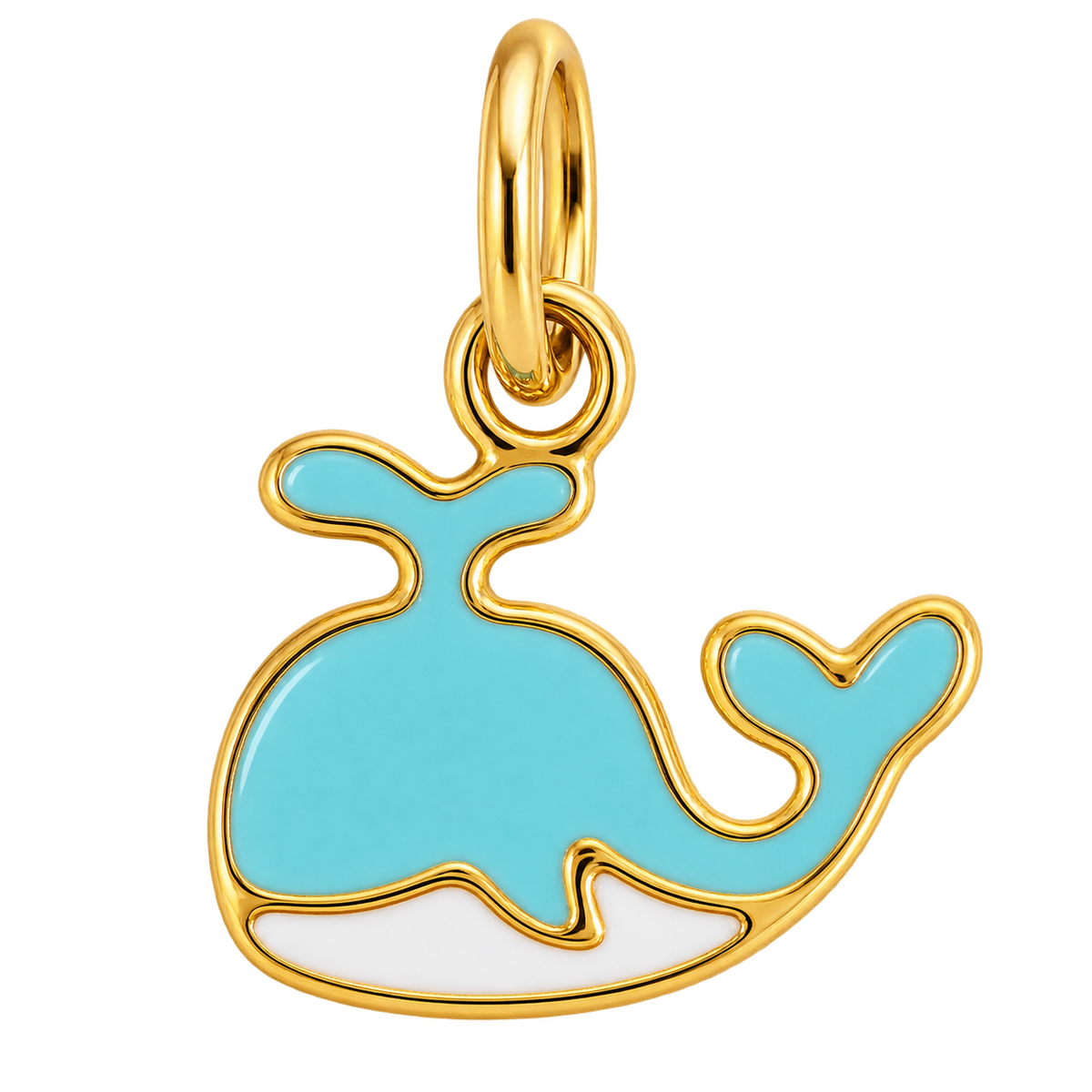 Turquoise enamel whale charm with white belly and gold-tone outline