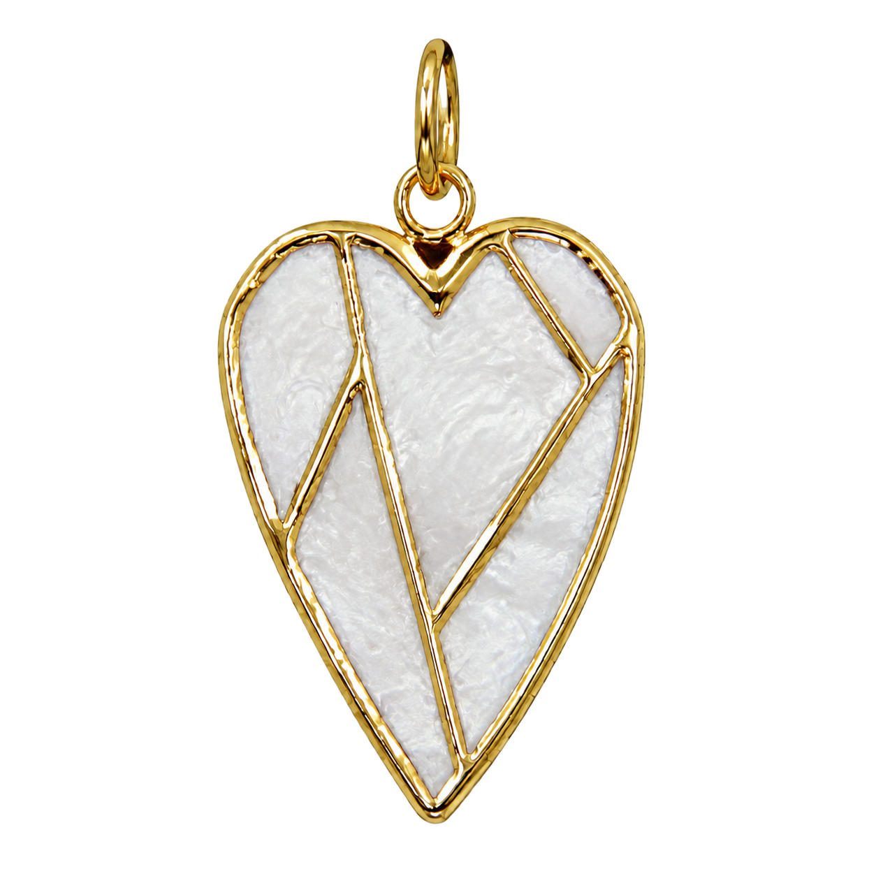 White pearlescent leaf charm with polished gold-tone outline and veins