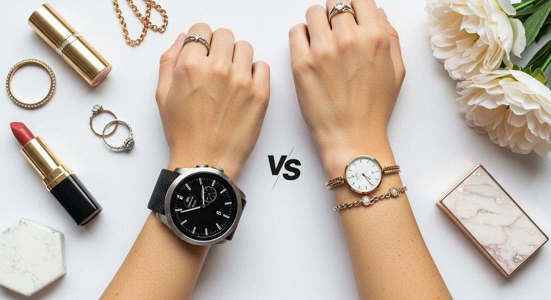 Two wrists side by side: one with a large black smartwatch, the other with a dainty gold watch and bracelet.