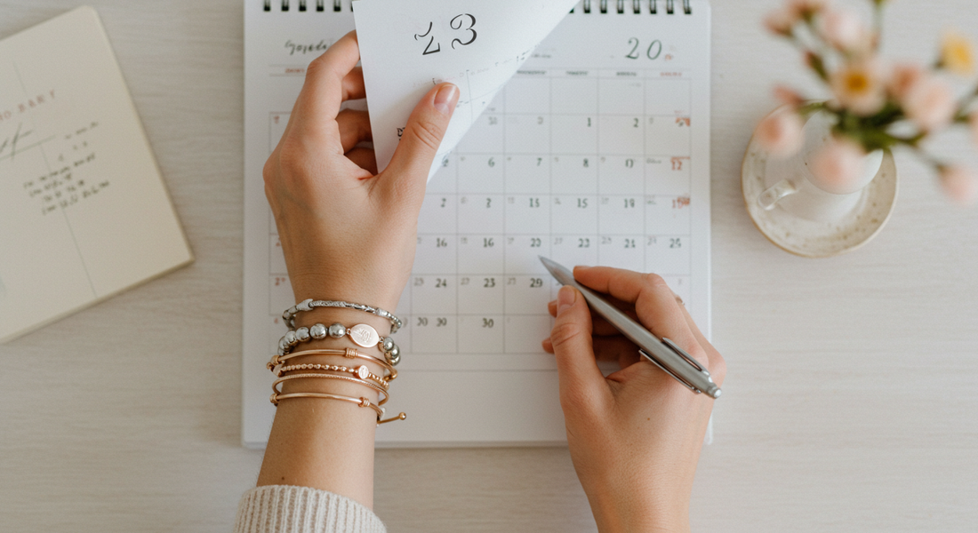 Hand adjusting monthly calendar with dainty permanent bracelet in focus, representing jewelry longevity