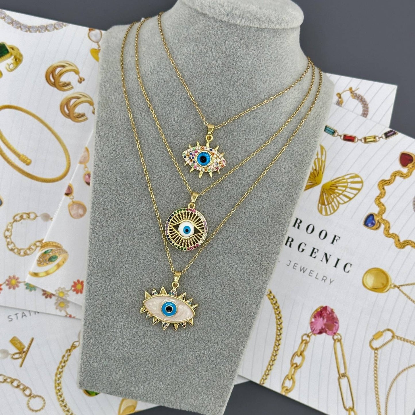 Mystic Evil Eye Charm Necklace in 18K Gold Plated Steel