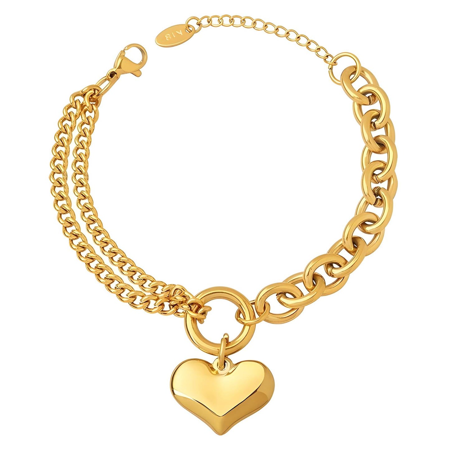 Pulsera de corazón de acero inoxidable bañada en oro de 18 quilates.