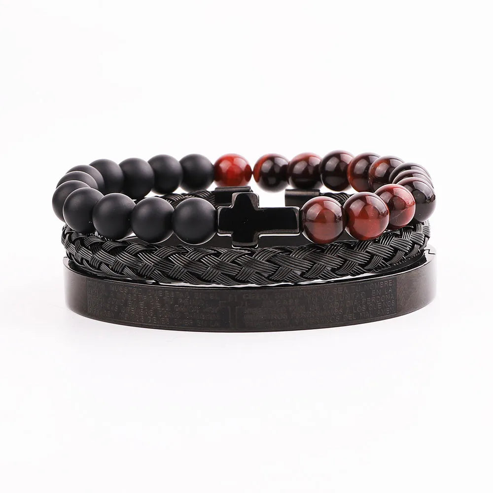 Men's Luxury 3-Piece Tiger Eye & Cross Bracelet Set