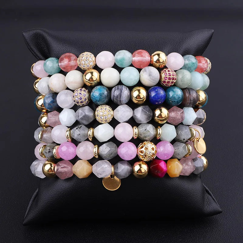 Colección Serenity: Pulseras elásticas con cuentas de ónix de 8 mm y circonitas cúbicas pavé