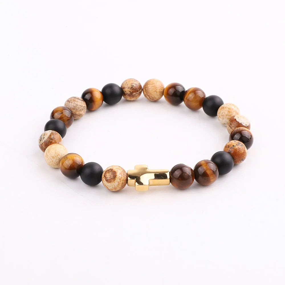Men's Luxury 3-Piece Tiger Eye & Cross Bracelet Set