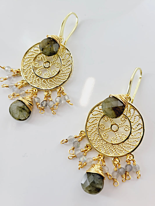 Gold-Plated Tassel Earrings with Labradorite Stones