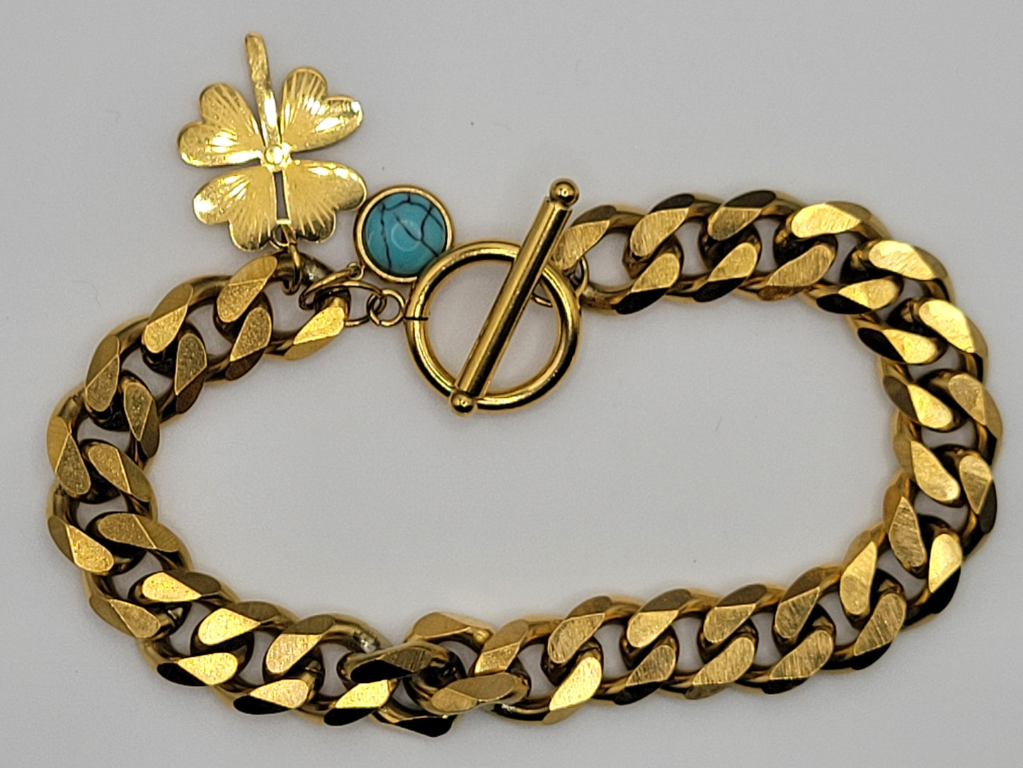 18K Gold Plated Cuban Chain Bracelet with Turquoise & Clover Charm