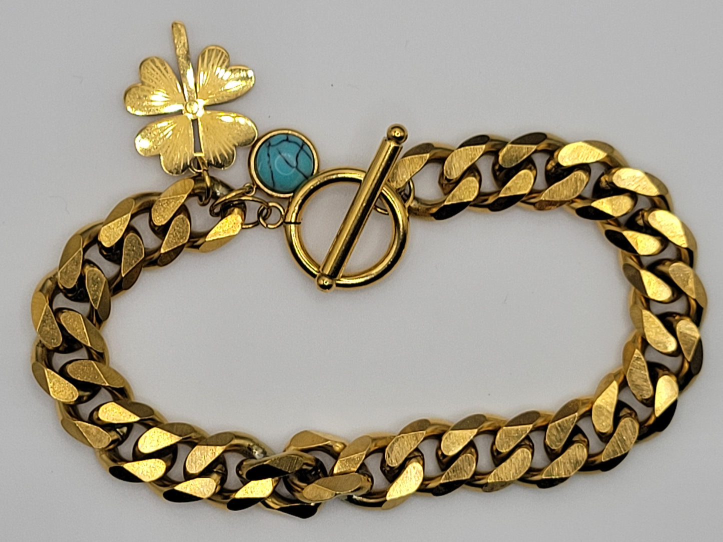 18K Gold Plated Cuban Chain Bracelet with Turquoise & Clover Charm