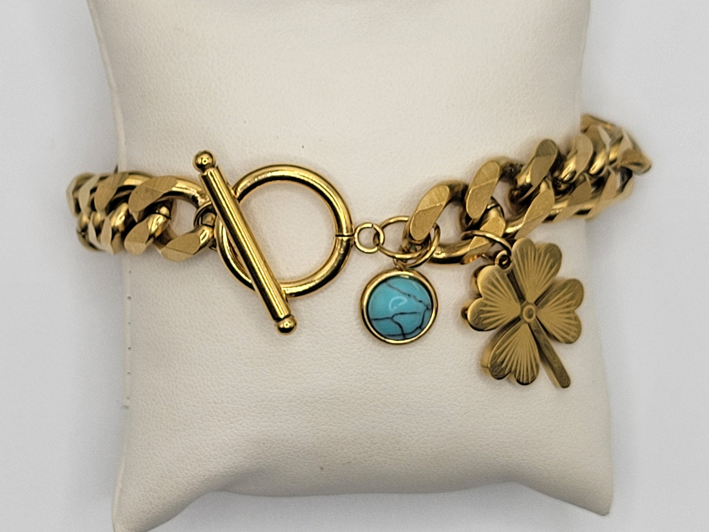 18K Gold Plated Cuban Chain Bracelet with Turquoise & Clover Charm