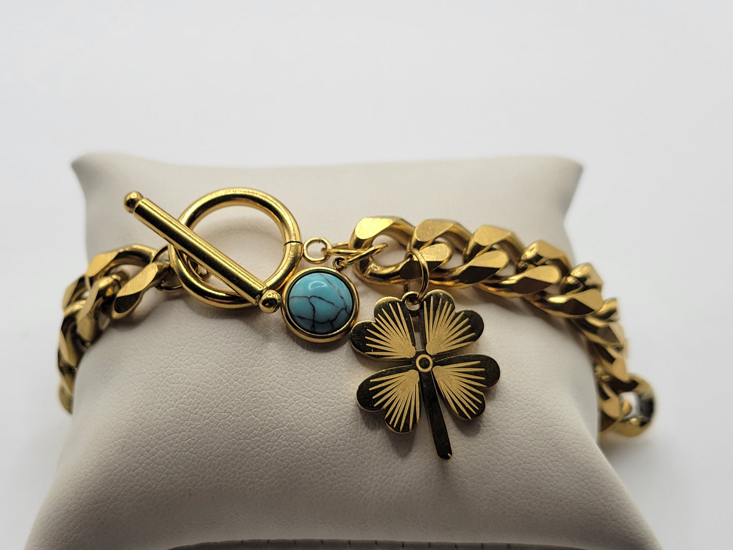 18K Gold Plated Cuban Chain Bracelet with Turquoise & Clover Charm