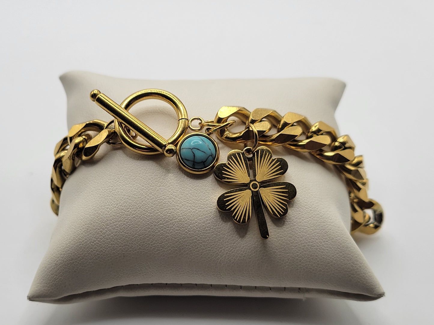 18K Gold Plated Cuban Chain Bracelet with Turquoise & Clover Charm