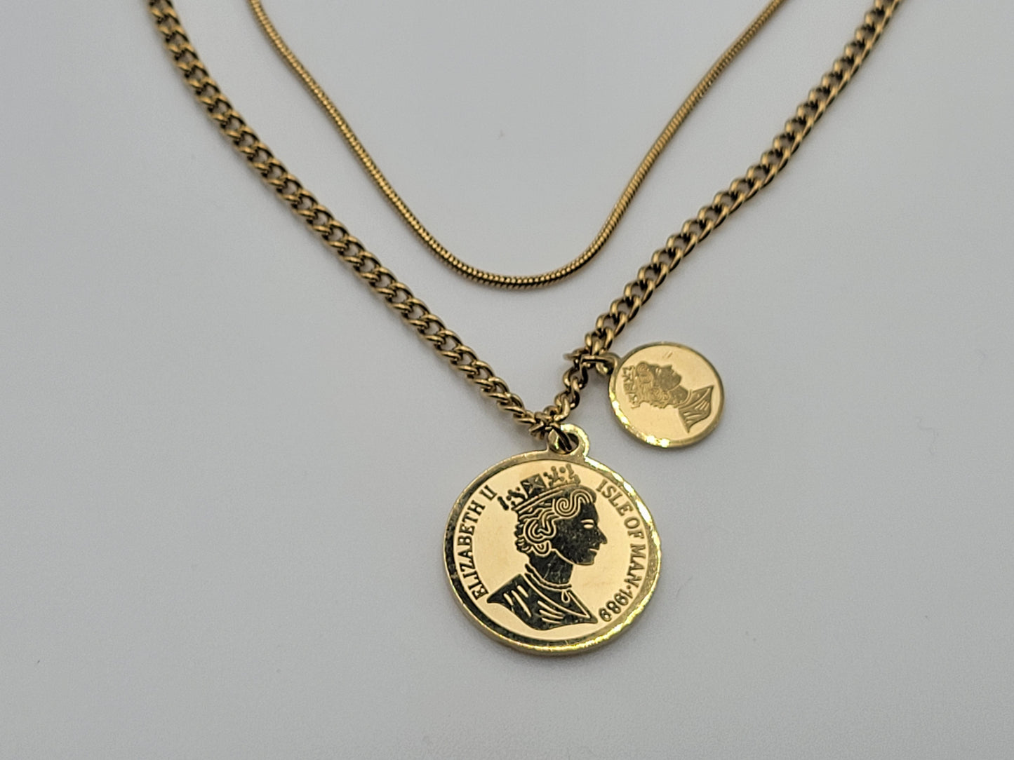 Layered Coin Pendant Necklace Set with Snake & Cuban Chains