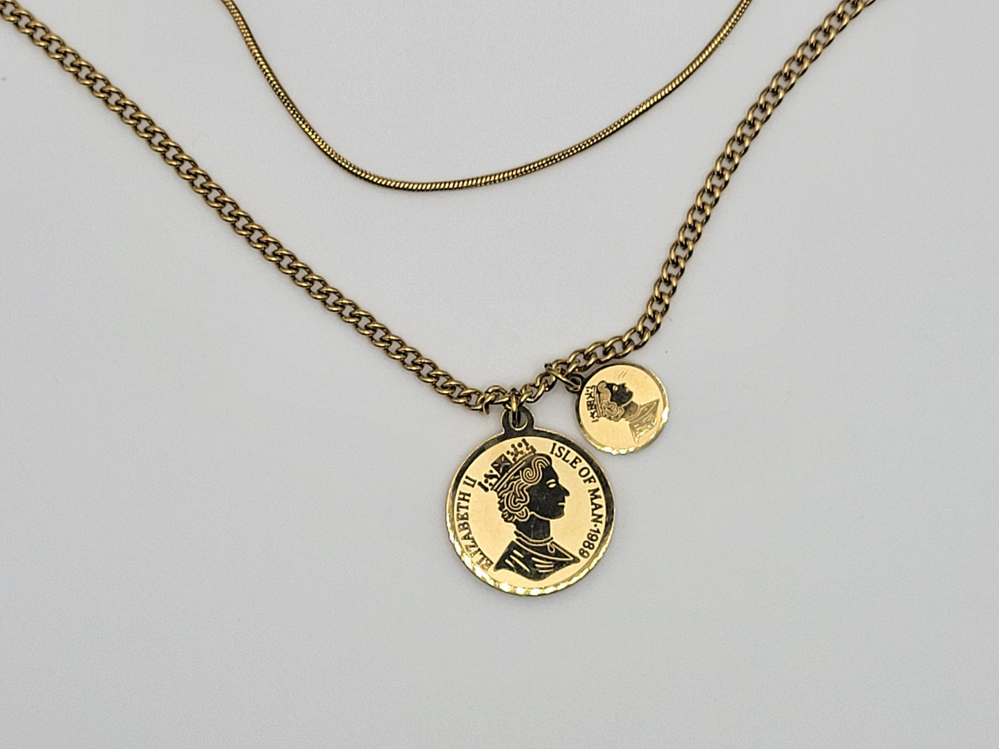 Layered Coin Pendant Necklace Set with Snake & Cuban Chains