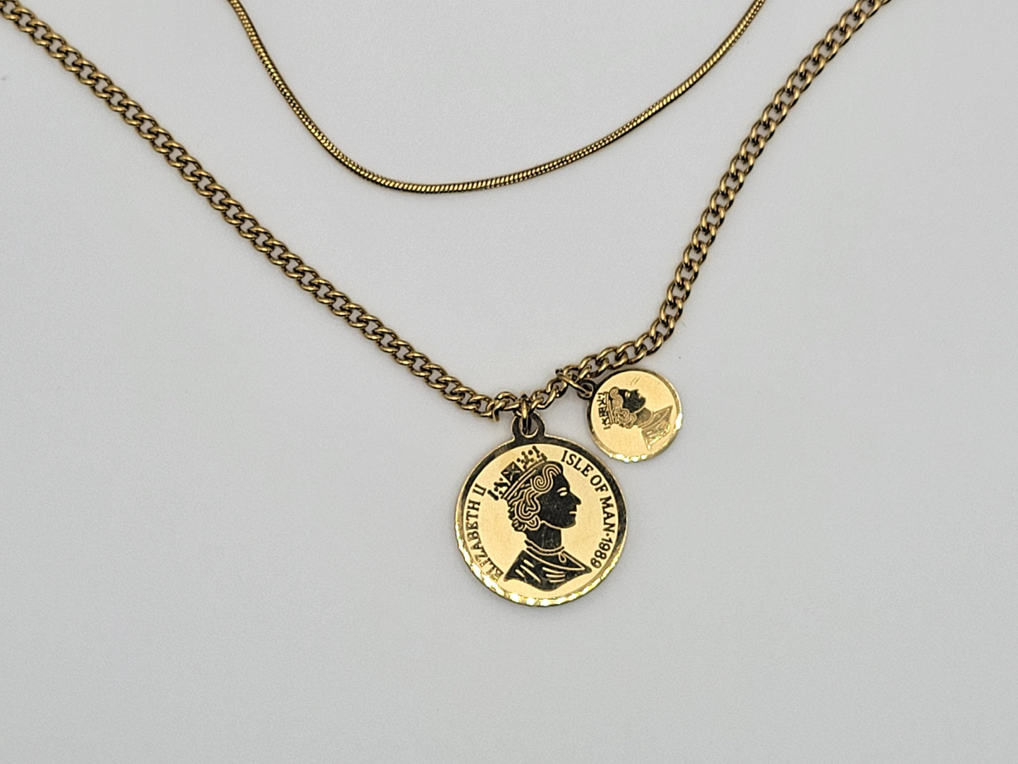 Layered Coin Pendant Necklace Set with Snake & Cuban Chains