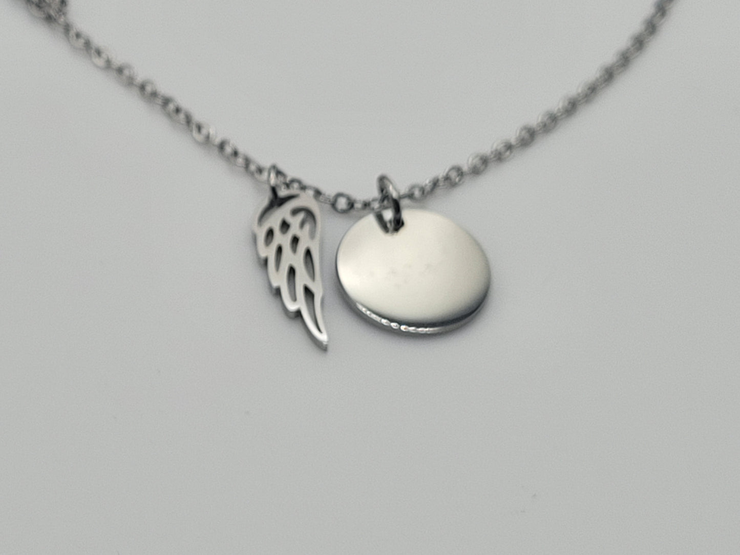 Personalized Angel Wing Disc Necklace - Stainless Steel