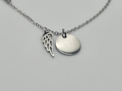 Personalized Initial Angel Wing Disc Necklace – Stainless Steel