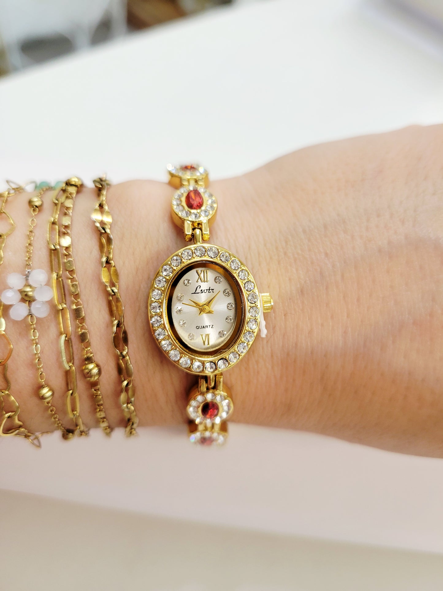 Golden Garnet Halo Bracelet-Style Watch