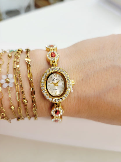 Golden Garnet Halo Bracelet-Style Watch