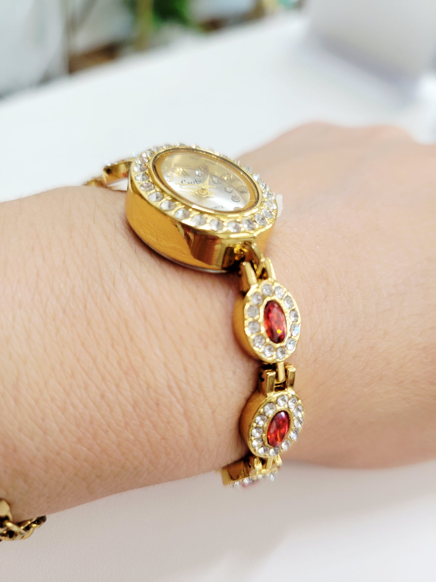 Golden Garnet Halo Bracelet-Style Watch