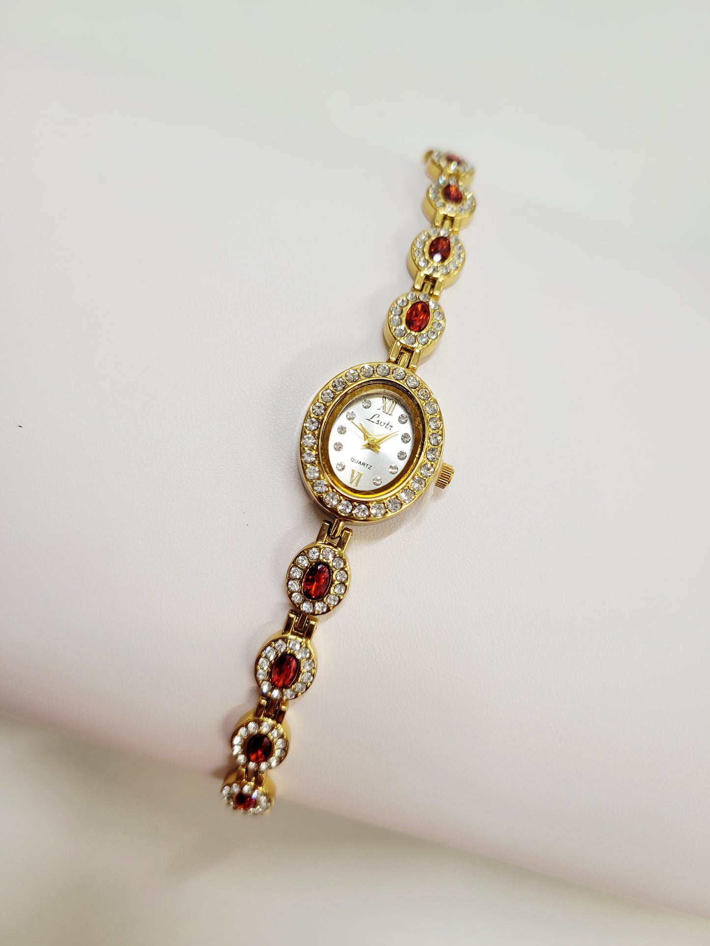 Golden Garnet Halo Bracelet-Style Watch