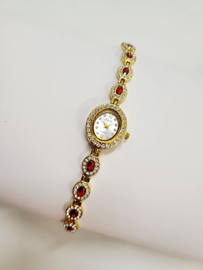 Golden Garnet Halo Bracelet-Style Watch