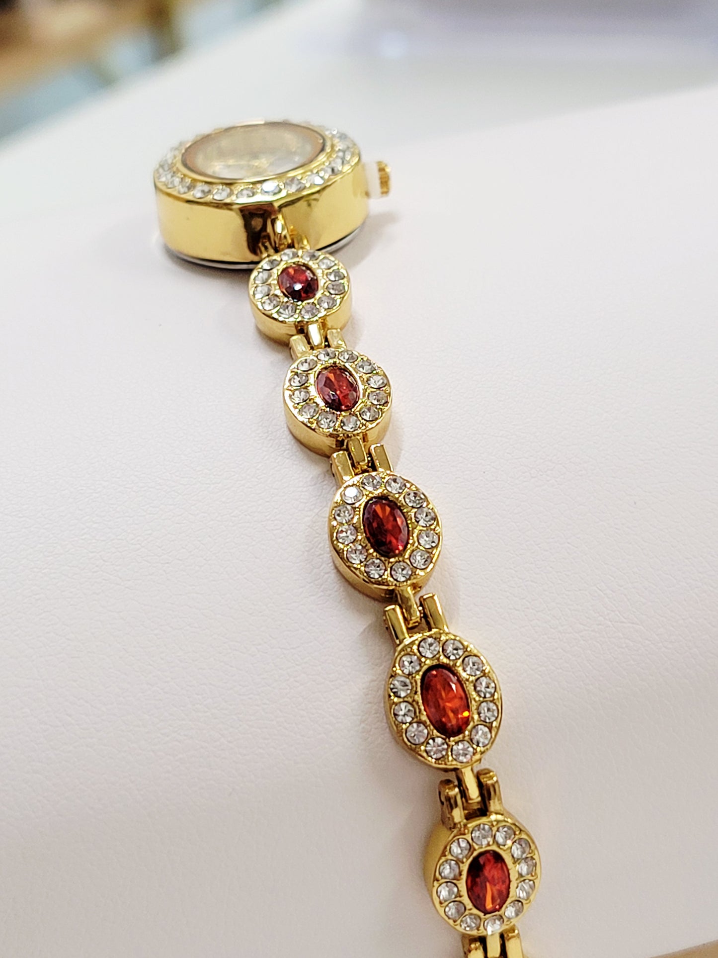 Golden Garnet Halo Bracelet-Style Watch