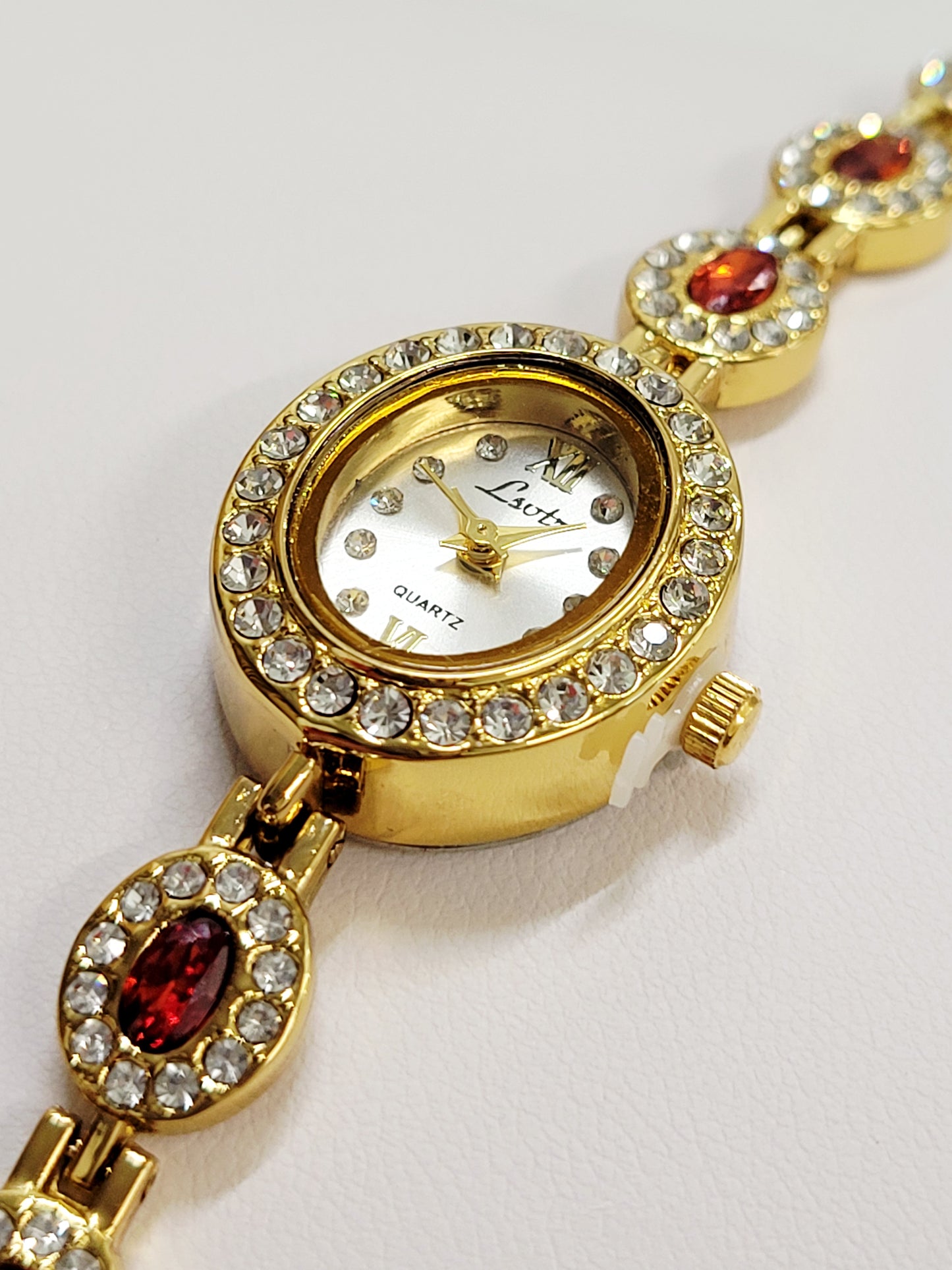 Golden Garnet Halo Bracelet-Style Watch