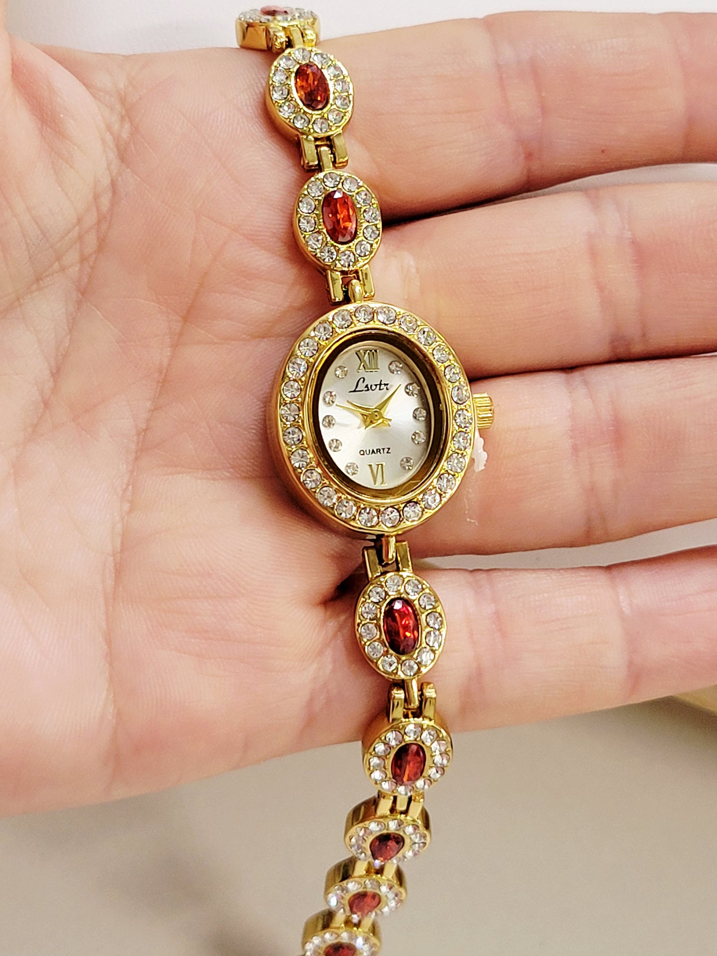 Golden Garnet Halo Bracelet-Style Watch