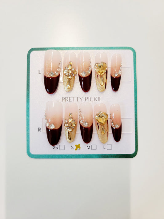 Wine Gold Heart Jewel Press-On Nails