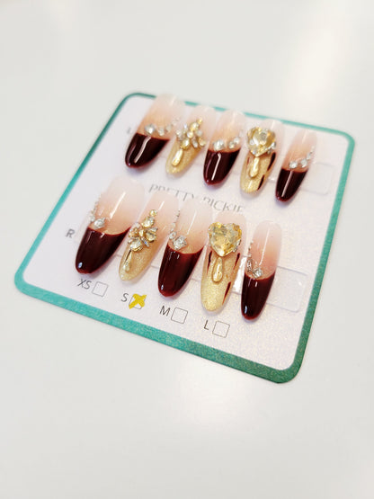 Wine Gold Heart Jewel Press-On Nails