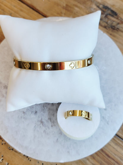Gold Clover Crystal Bangle & Ring Set